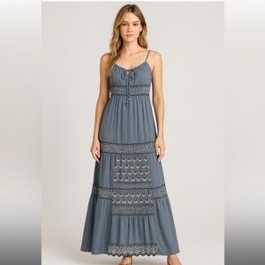 Burning torch maxi embroidered luxury spring blue dress boho designer S $400
